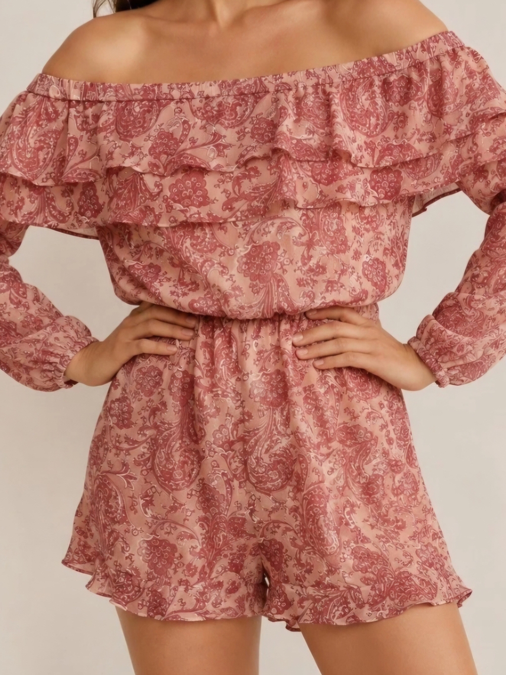 Express Dusty Rose Paisley Off-Shoulder Romper